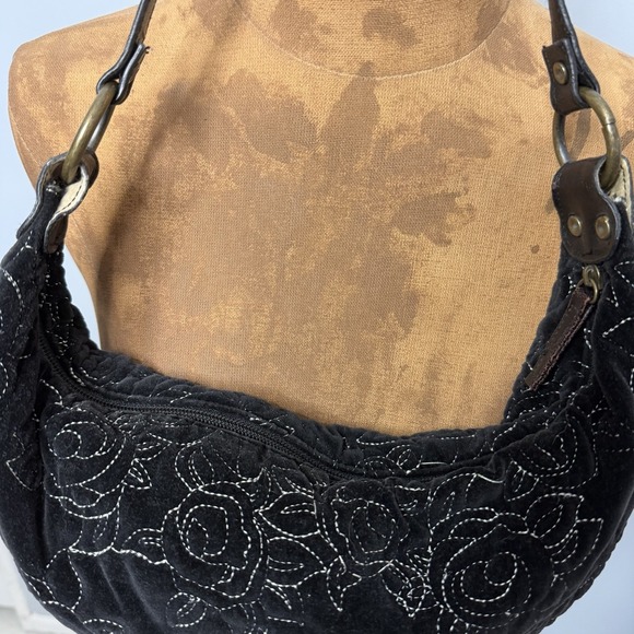 Y2K Black Velvet Embroidered Floral Hobo Shoulder Bag Indie Boho - Picture 2 of 9